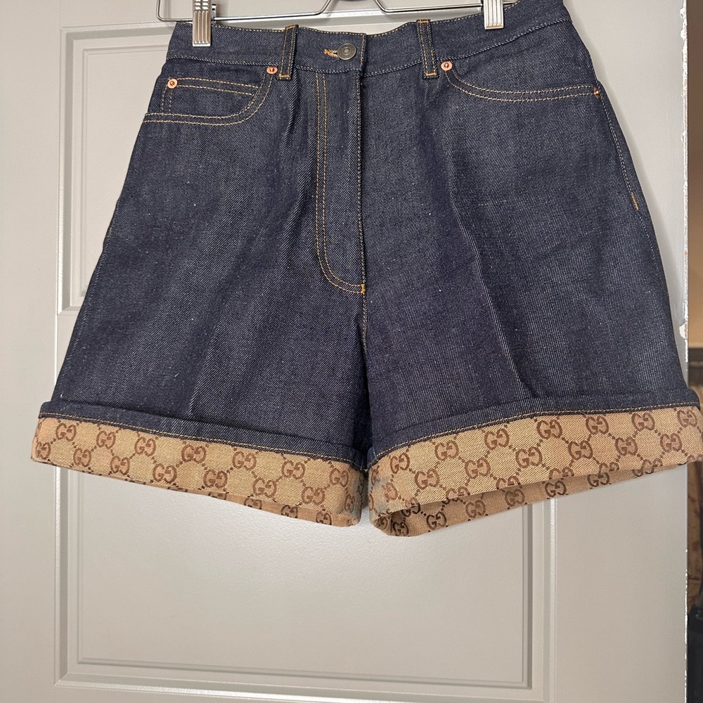 Gucci Women's Blue Denim Shorts with Brown GG Canvas Trim